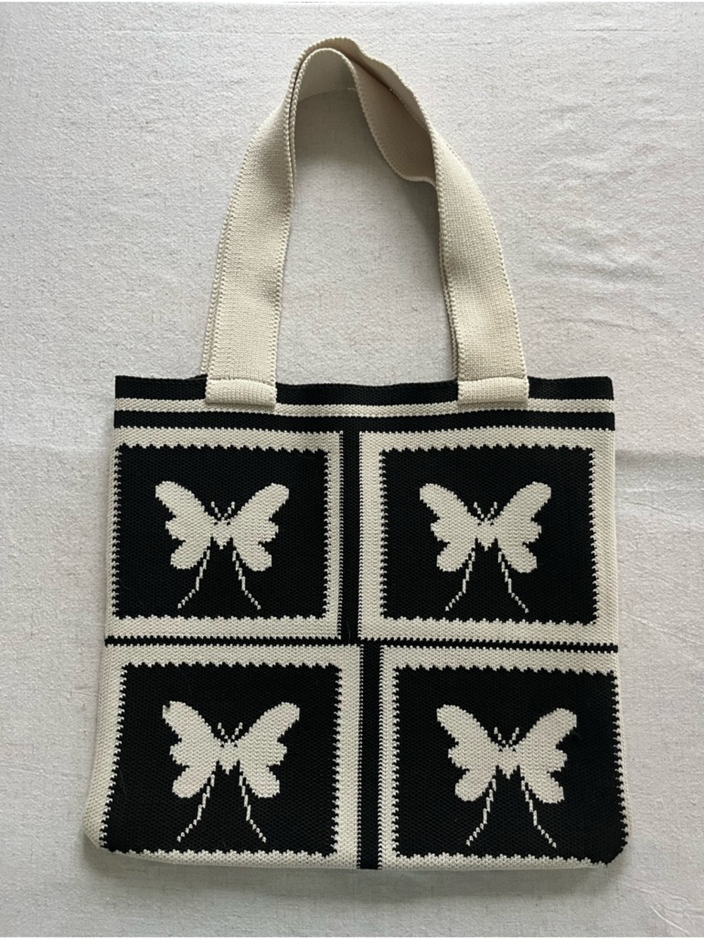 Black & Cream Butterfly Knit Tote Bag